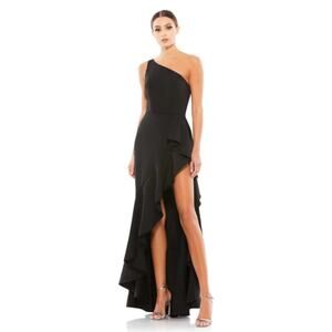 Ieena Mac Duggal 6 black One Shoulder High Slit Ruffle Gown dress prom formal